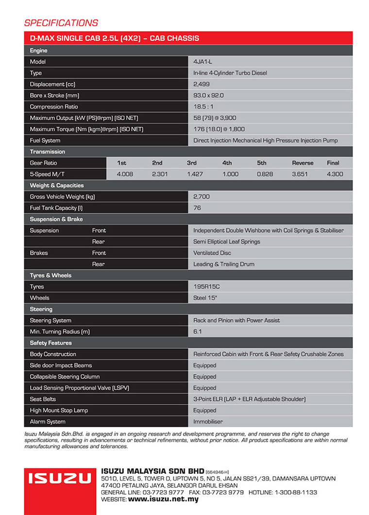 ISUZU D-MAX SINGLE CAB 2.5L (4X2)